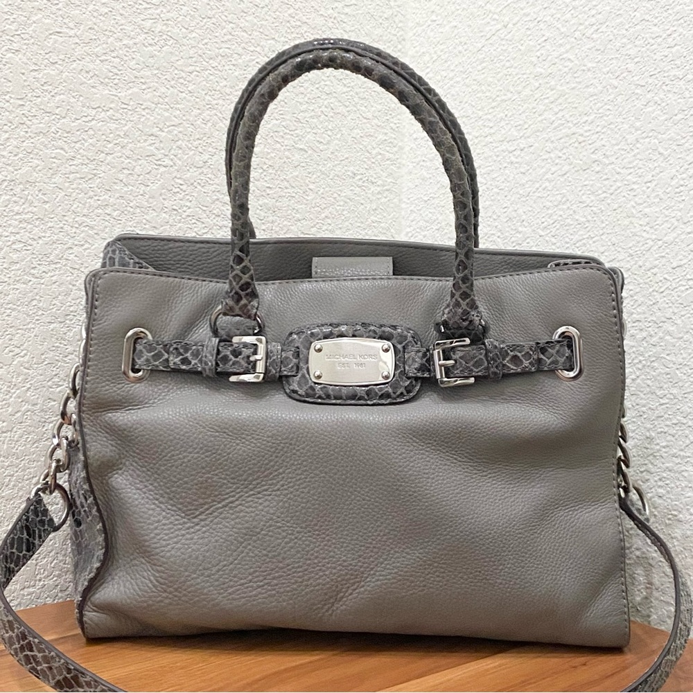 MICHAEL KORS Hamilton Gray Pebbled Leather/Snakeskin Chain Handle Shoulder Bag